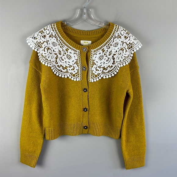 Maeve by Anthropologie Lace Collar Mustard Yellow Cardigan Size M - Picture 4 of 16